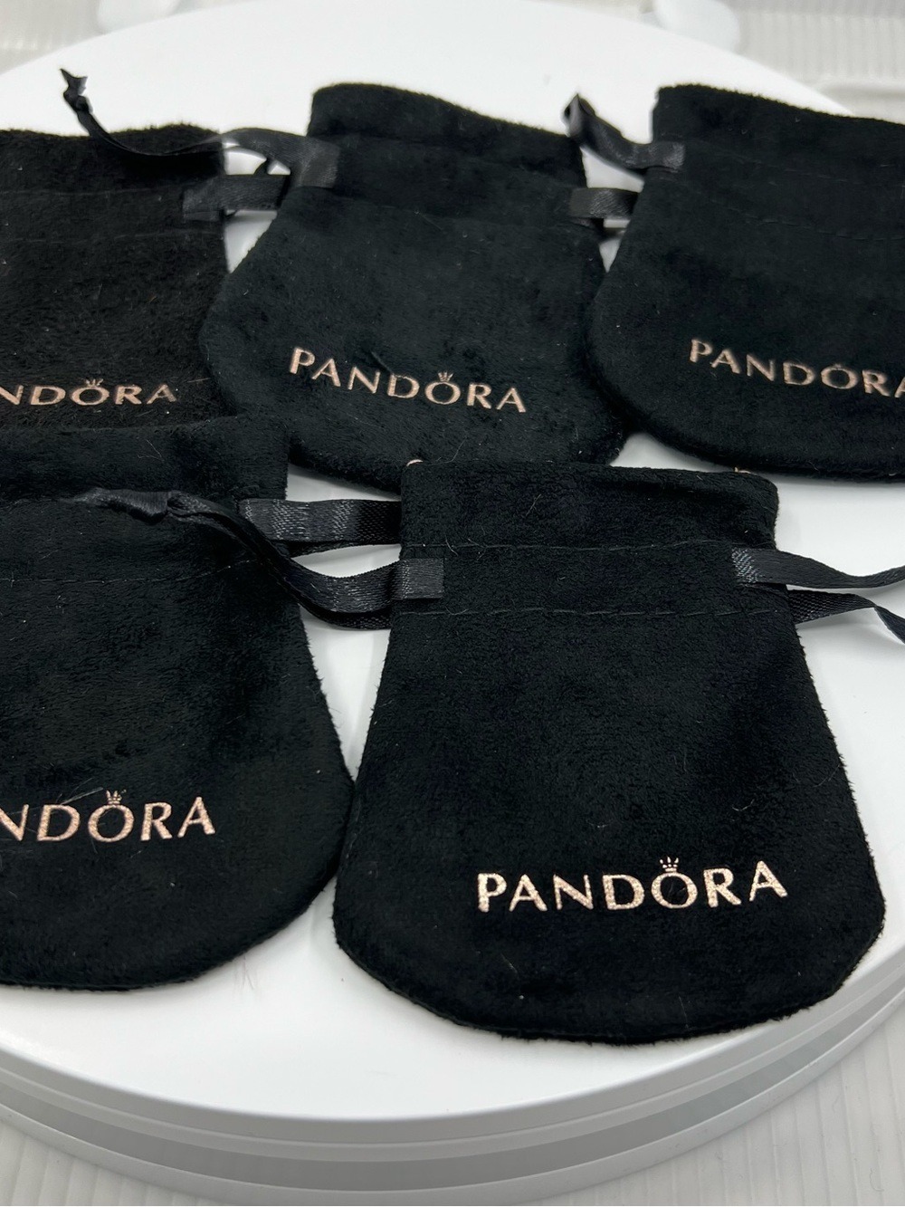 Pandora Black Velvet Drawstring Pouches with Gold Logo, set of 5 NEW